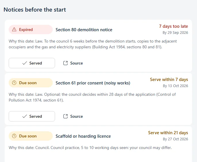 The notices before the start of a sample job: a Section 80 demolition notice 7 days too late, Section 61 prior consent to serve within 7 days, and a scaffold or hoarding licence within 21 days, each with the reason for its date