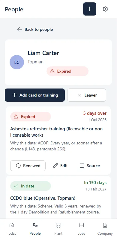 An operative's passport on a phone: an expired asbestos refresher with the reason for its date, and a CCDO blue card in date for 130 more days